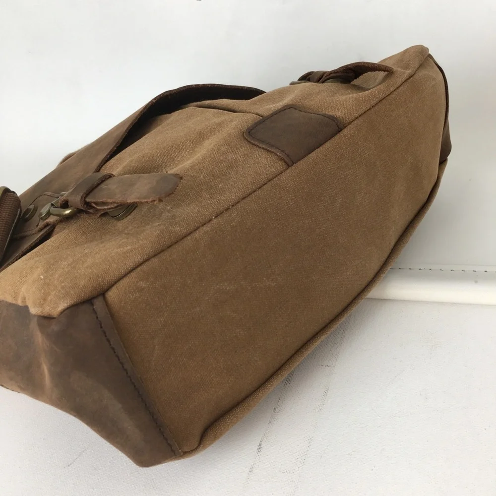 Genuine Leather Brown Canvas Vintage Style Laptop Messenger Bag Satchel